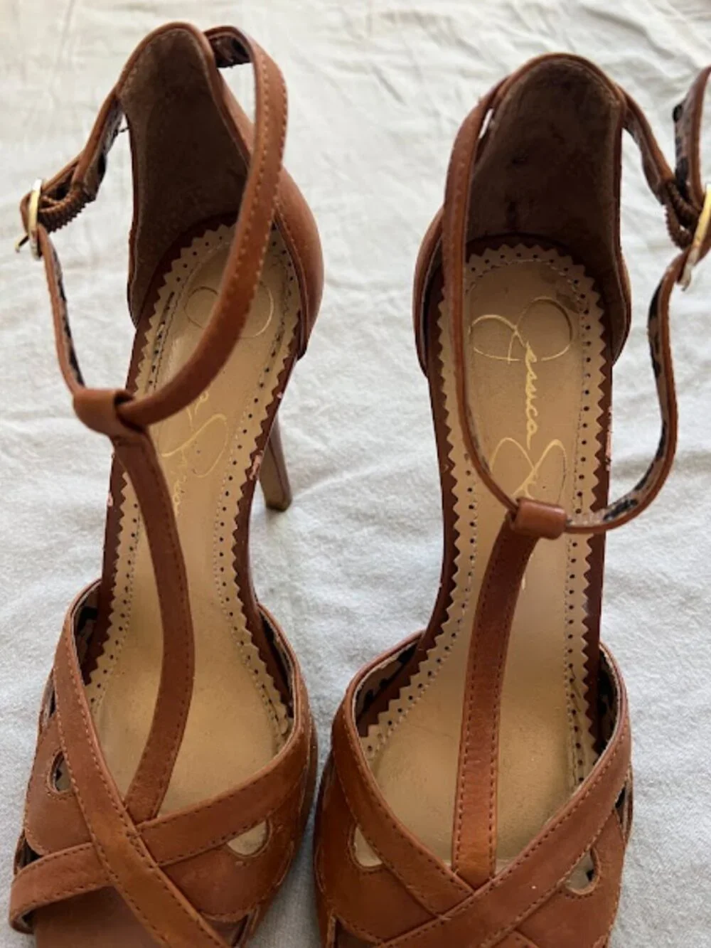 Jessica Simpson Brown Jeraldine Peep-Toe T-strap Heels Shoes Size 7.5M